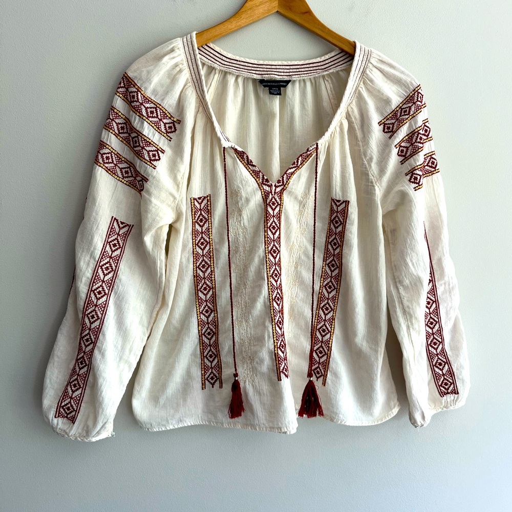 American Eagle Outfitters Embroidered Cream and Red Women's Top size S